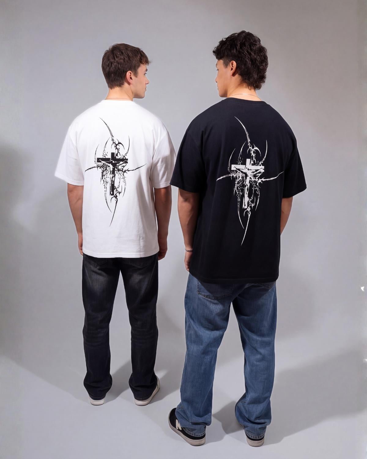 faith based graphic t-shirt black and white back design worn by two models