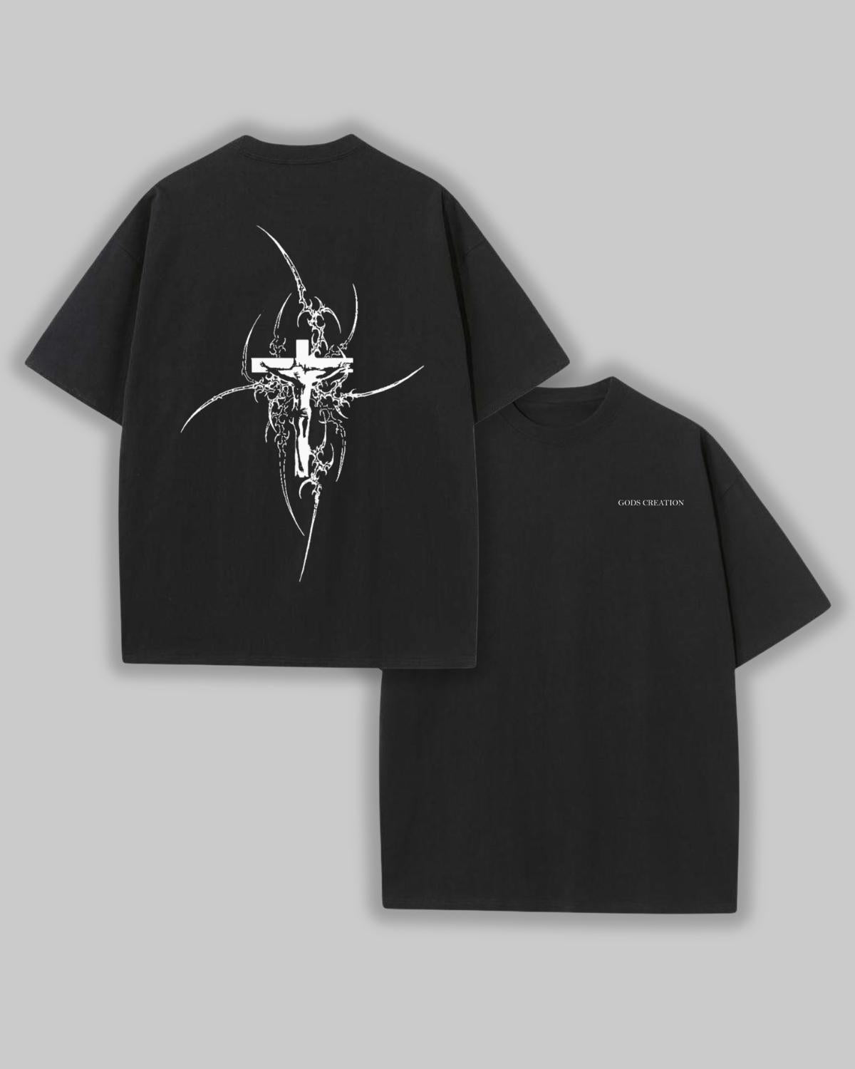 black faith based t-shirt cross graphic front flat lay