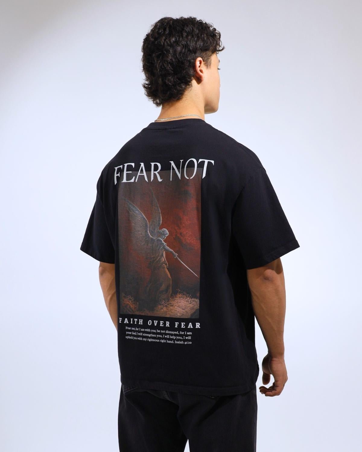 Faith Over Fear Christian t-shirt black back design worn by model