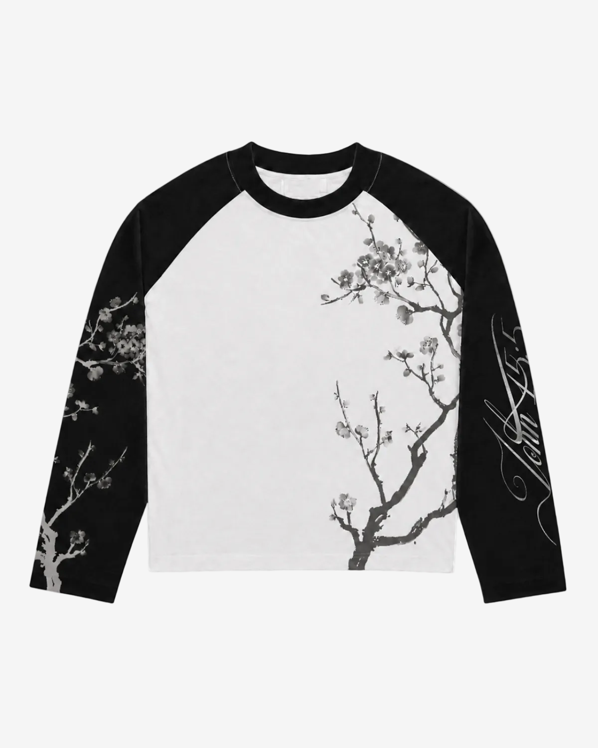 Black and white John 15:5 long sleeve shirt, front view with raglan sleeves, floral branches and script artwork.