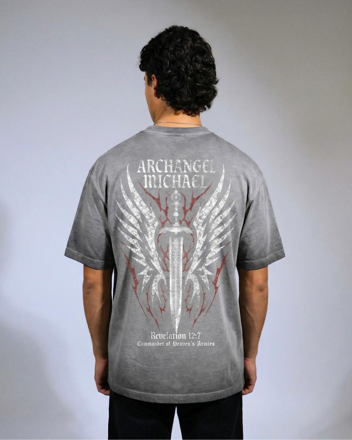 Archangel Michael faith based t-shirt acid wash grey back graphic worn by model