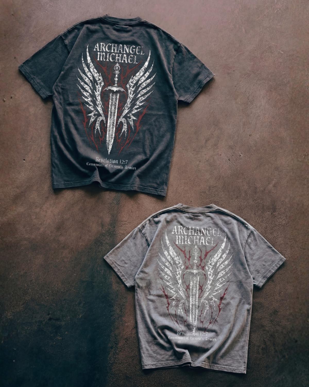 Archangel Michael faith based t-shirt dark grey wash front and back flat lay