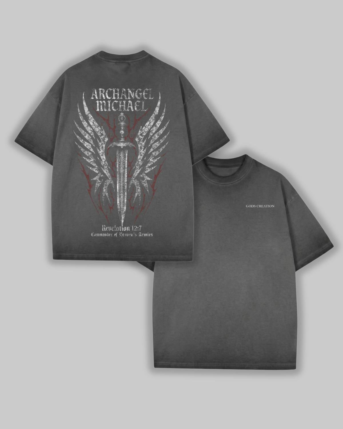Archangel Michael faith based t-shirt dark grey wash front graphic flat lay