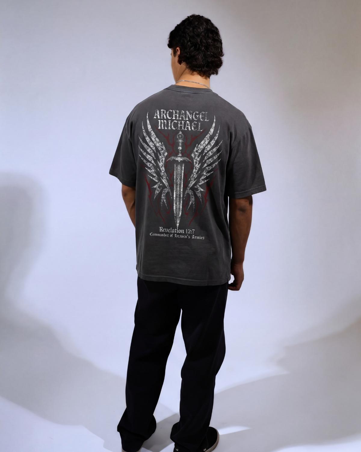Archangel Michael faith based t-shirt dark grey wash back design worn by model
