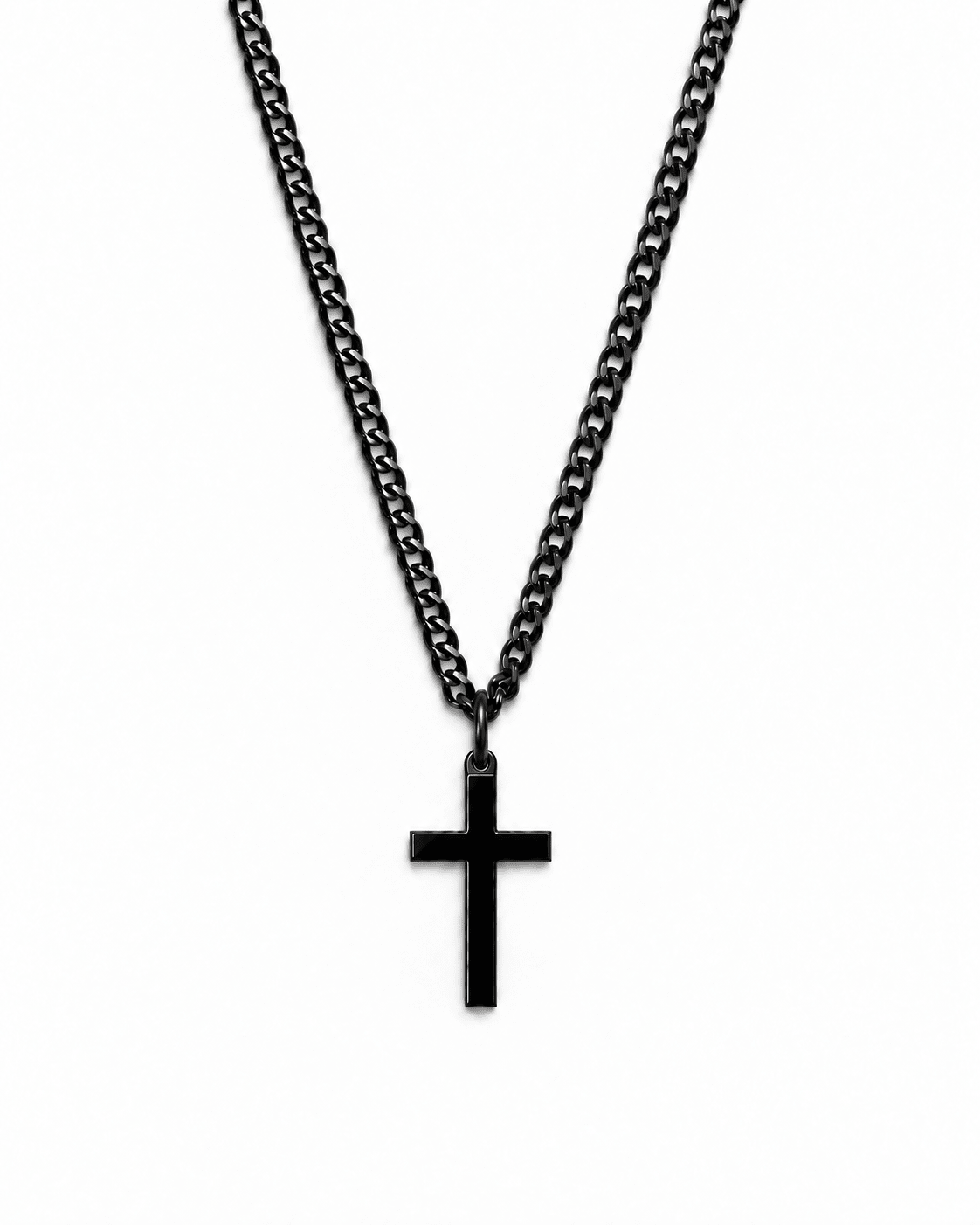 Black cross necklace from God's Creation, showing the pendant and chain on a white background.