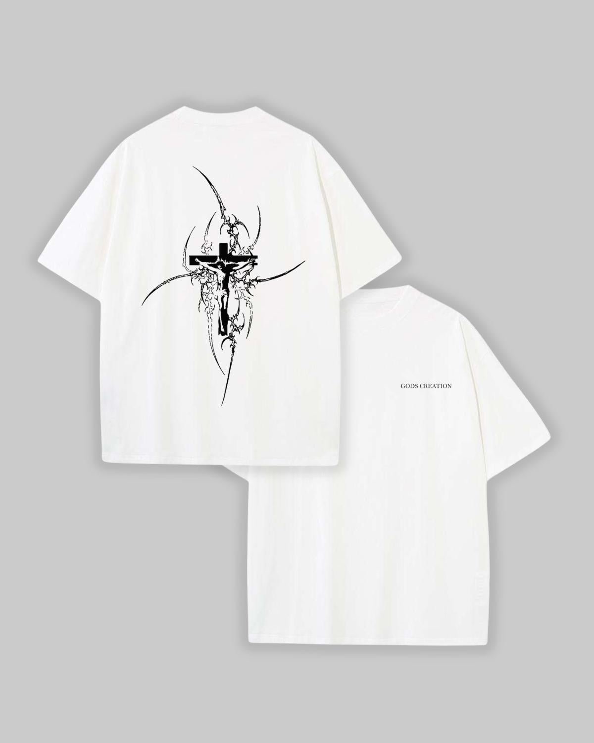 white faith based t-shirt cross graphic front flat lay