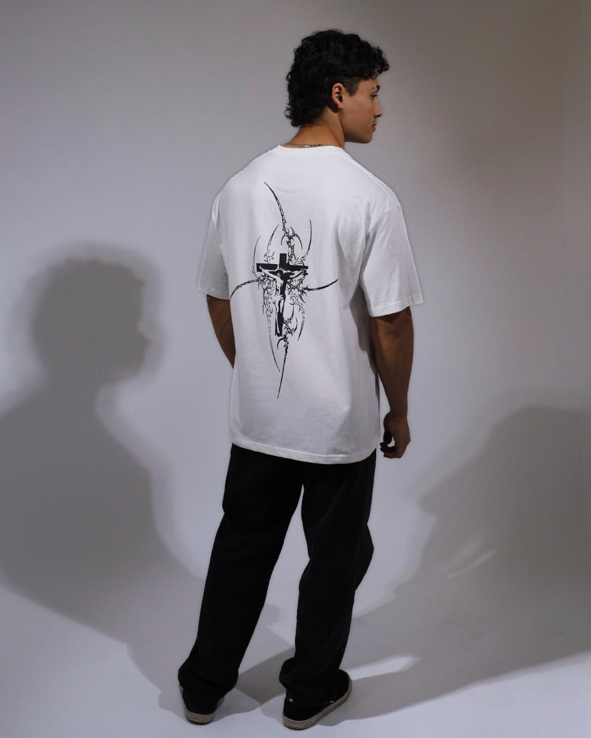 white faith based t-shirt full body view worn by model walking