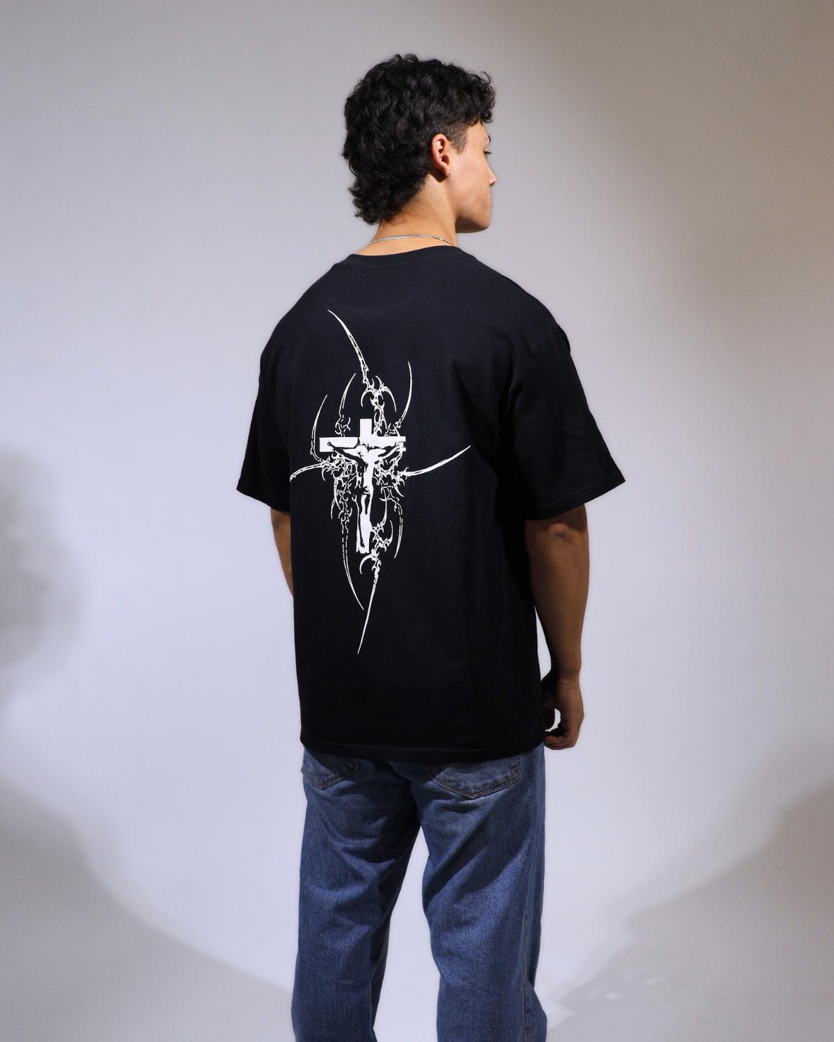 black faith based t-shirt back design worn by model studio lighting