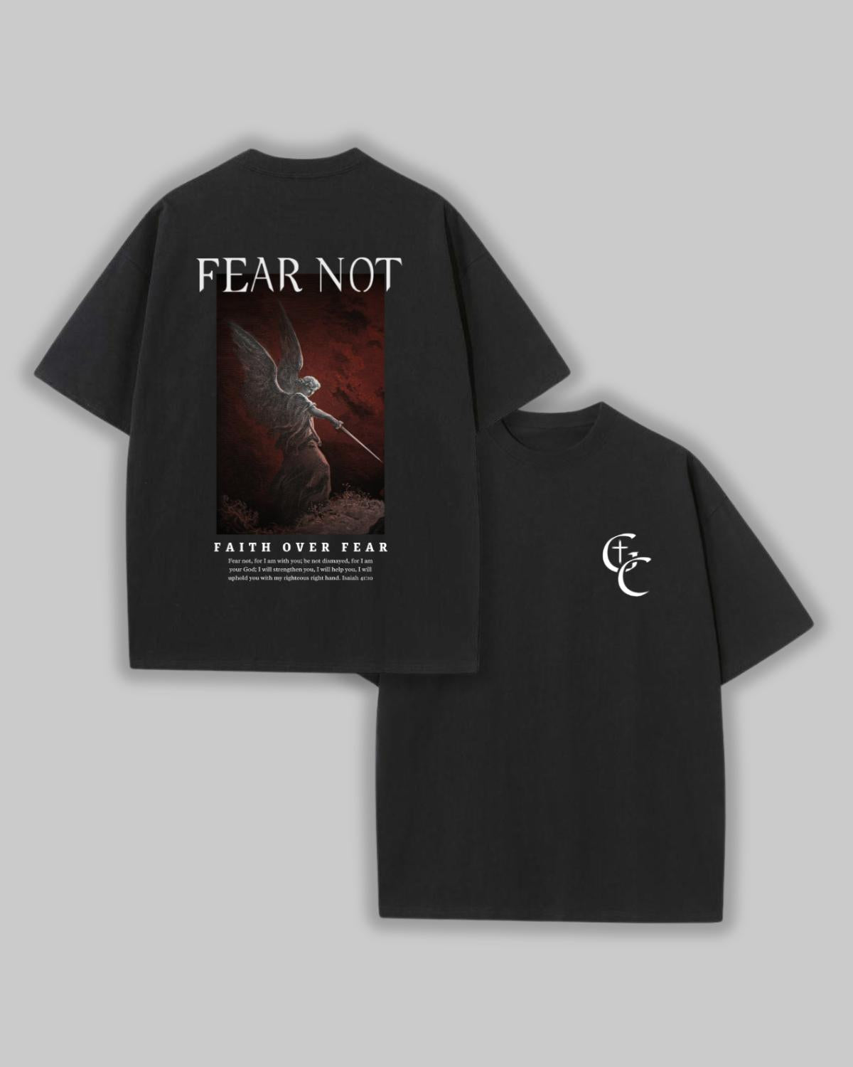 Faith Over Fear Christian graphic t-shirt black flat lay front design