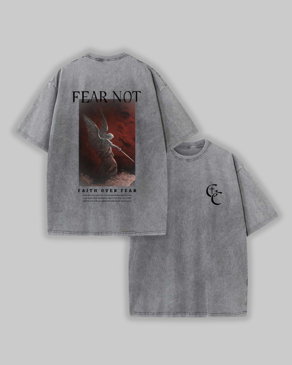 Faith Over Fear Christian t-shirt acid grey front graphic flat lay