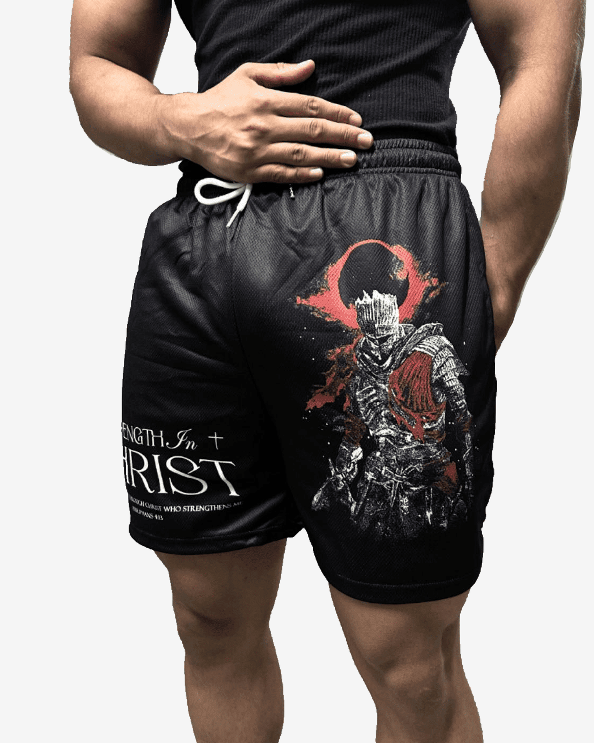 Strength In Christ Shorts - Black on model
