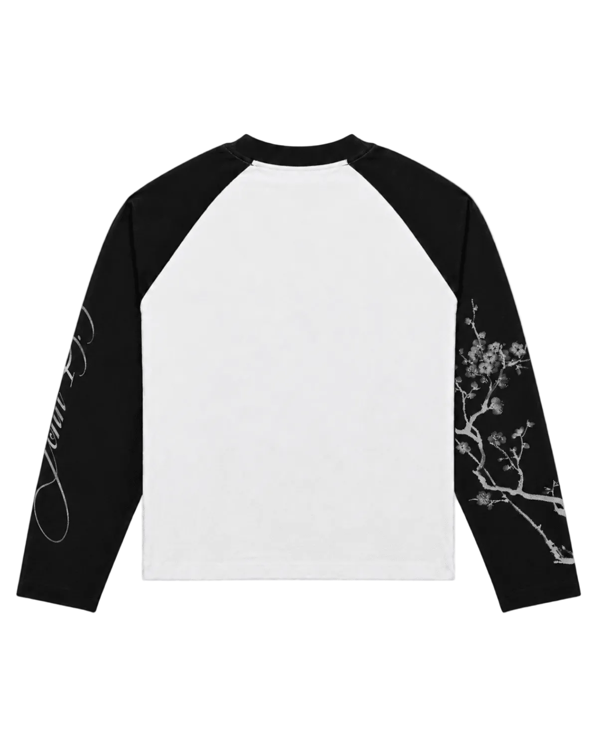 Black and white John 15:5 long sleeve shirt, back view with a plain white body and artwork on the sleeves.