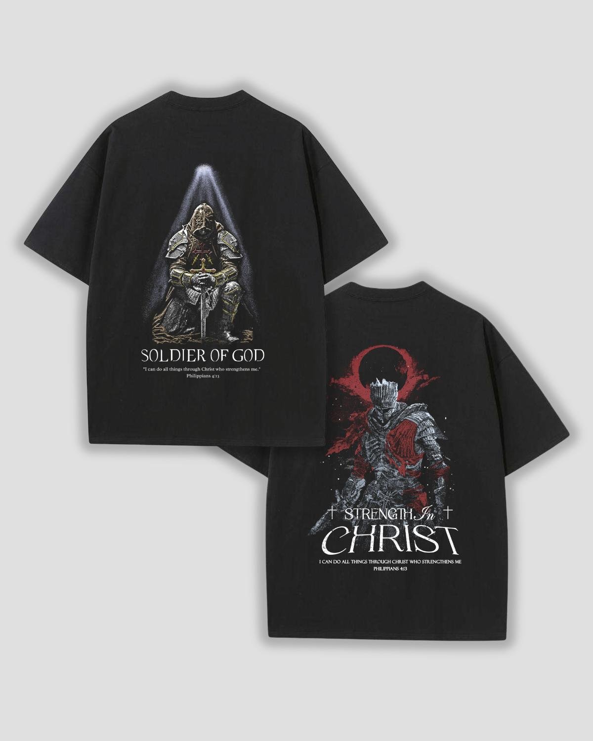 Soldier Of God and Strength In Christ faith based t-shirts black front and back flat lay