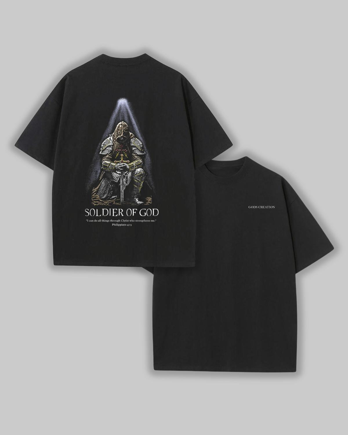Soldier Of God faith based t-shirt black front graphic flat lay