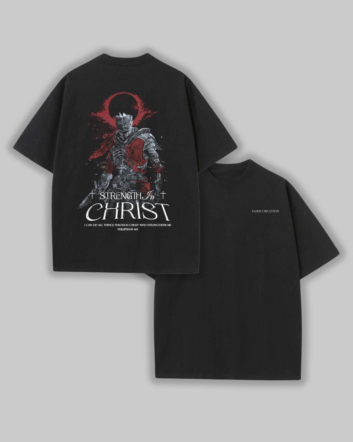 Strength In Christ faith based t-shirt black front graphic flat lay