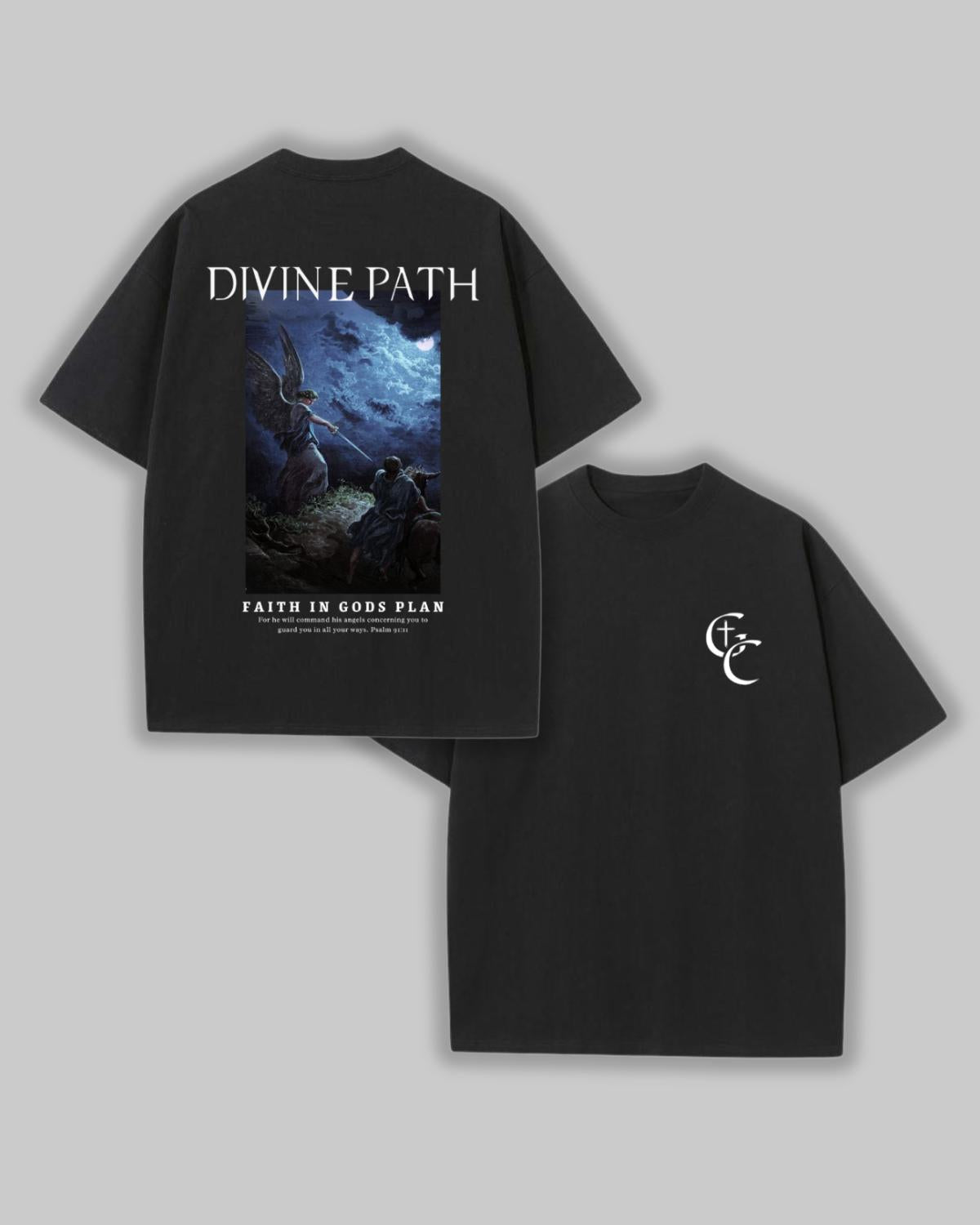 Divine Path faith based t-shirt black front and back flat lay Psalm 91:11 design