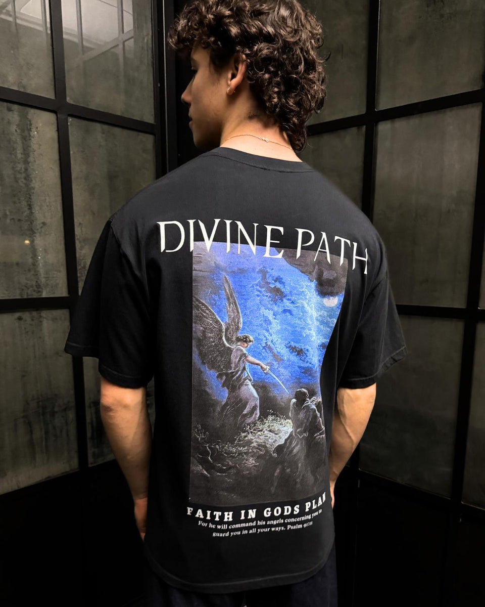 Divine Path faith based t-shirt black back graphic worn by model Psalm 91:11 design