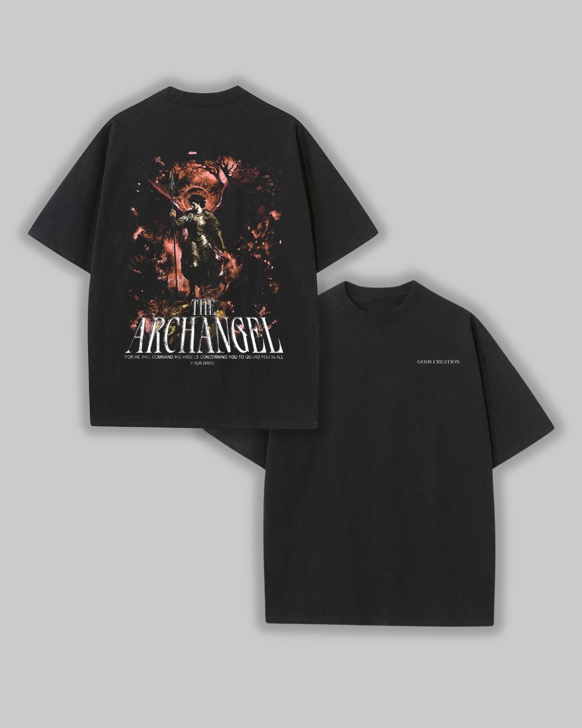 The Archangel faith based t-shirt black front and back flat lay angel graphic design