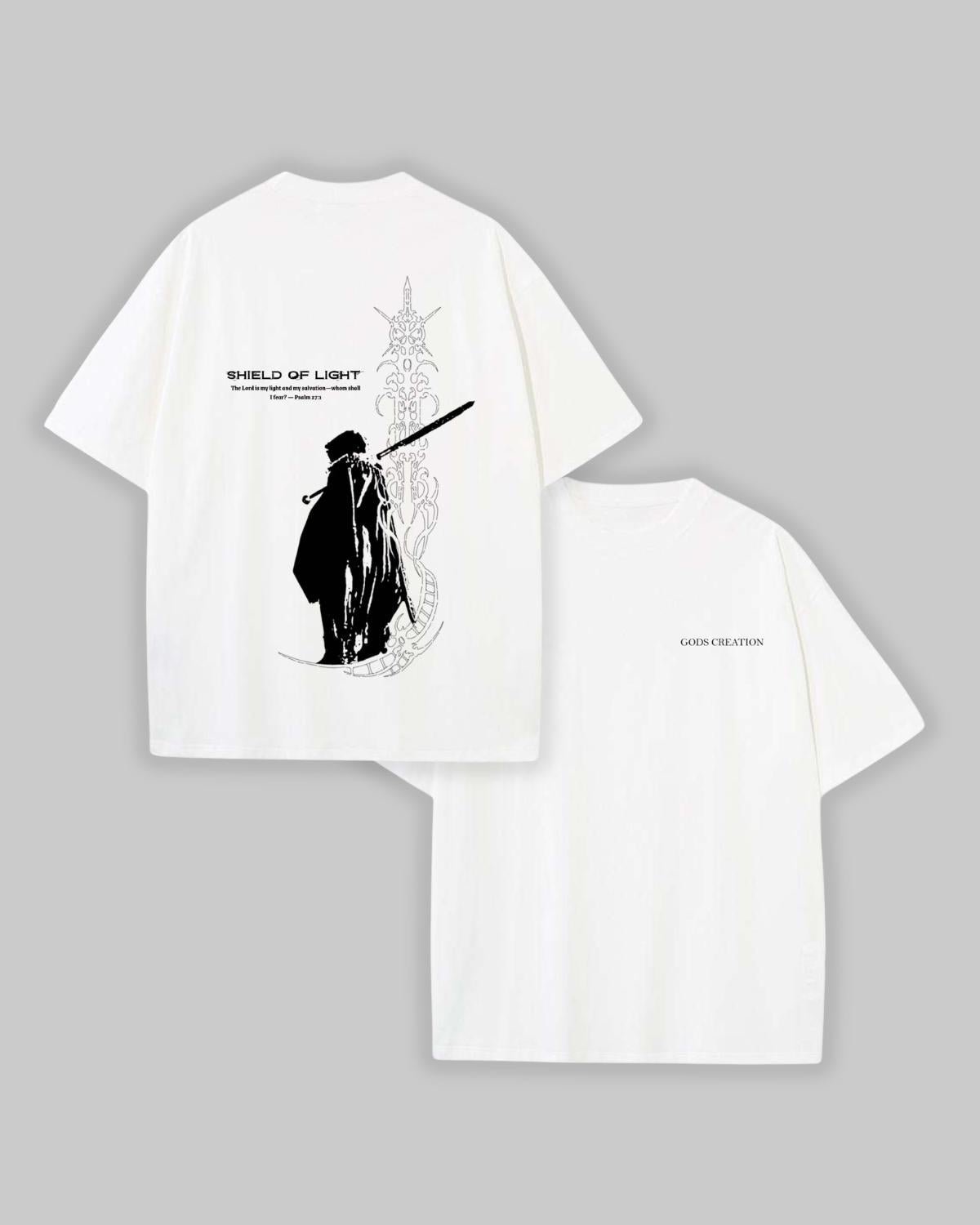 Shield Of Light faith based t-shirt white front graphic flat lay