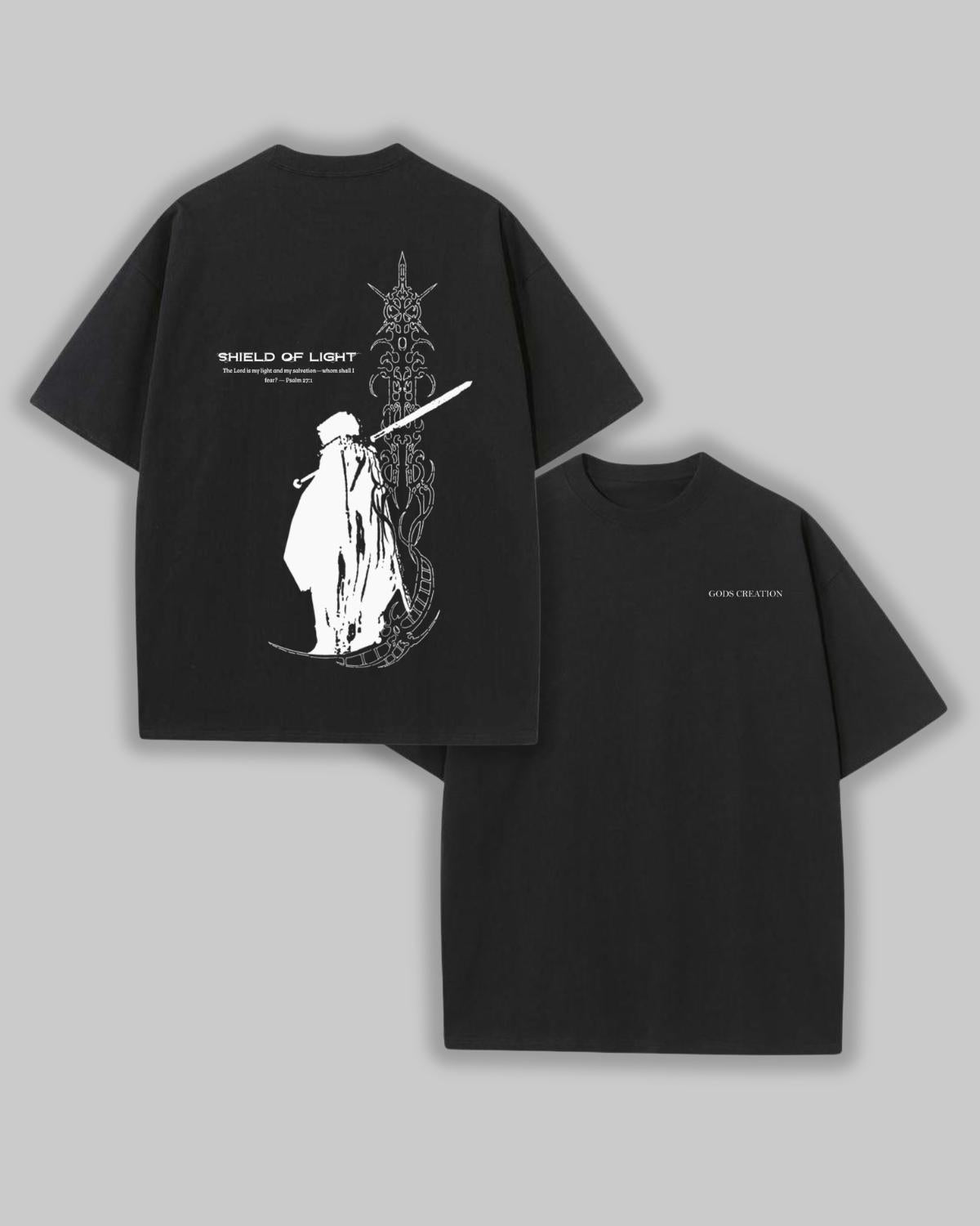 Shield Of Light faith based t-shirt black front graphic flat lay