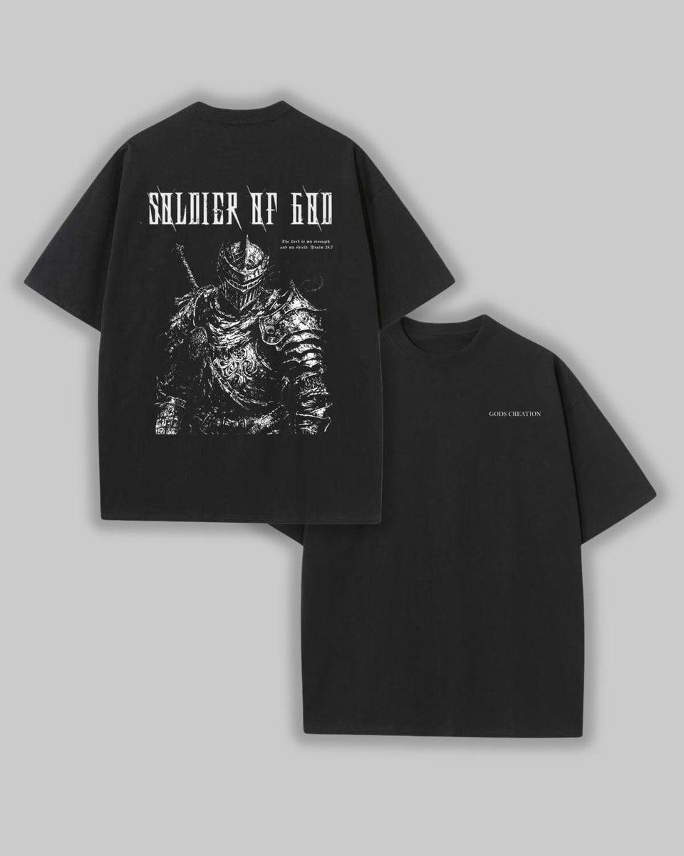 Soldier Of God faith based t-shirt black front and back flat lay graphic design